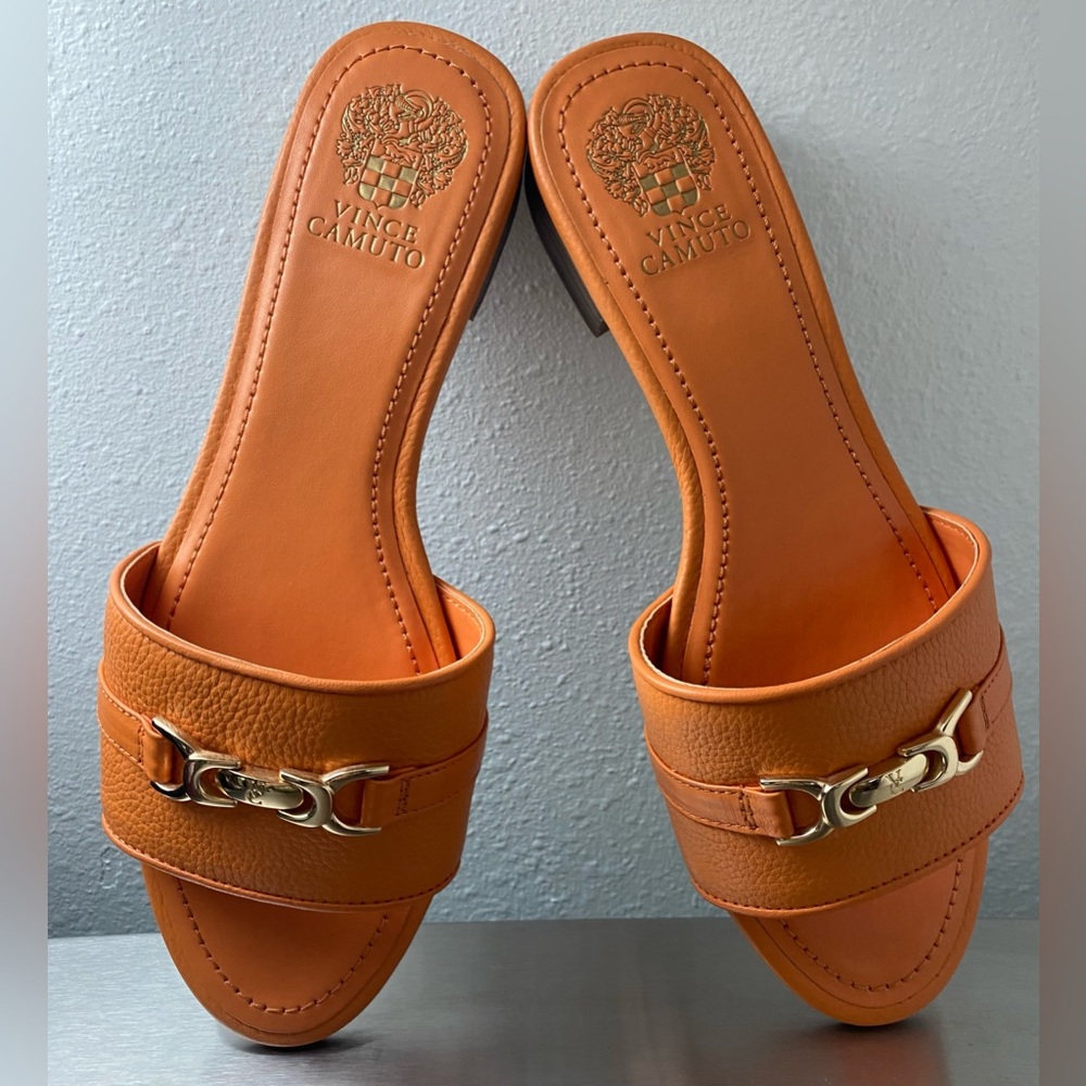 Vince Camuto Orange Leather Mules with Gold Accent - Picture 4 of 15